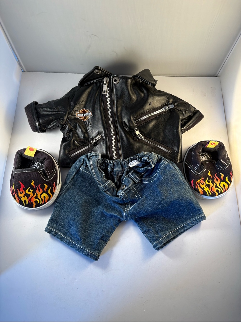 Build A Bear Harley Davidson Biker Outfit Black Leather Jacket Jeans Flame Shoes